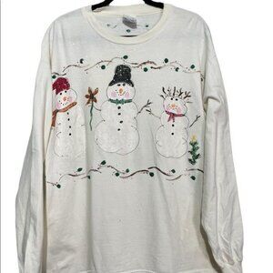 Vintage Hanes Women's Top Shirt Long Sleeve Snowman Christmas White Size XL